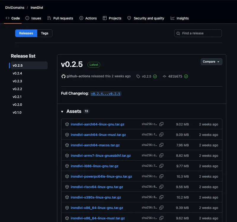 The IronDivi releases page on GitHub, not signed in: a release list from v0.2.5 down to v0.1.0, the v0.2.5 release marked Latest, and its Assets list of 13 files, each with a sha256 value, size and age