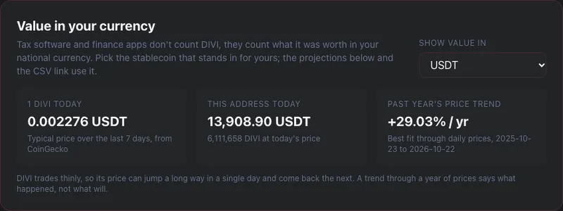The Value in your currency box on Explorer 2.0: a Show value in picker set to USDT, then three tiles: 1 DIVI today 0.002276 USDT from CoinGecko, this address today 13,908.90 USDT, past year's price trend +29.03% a year