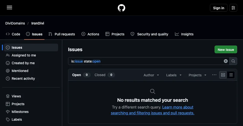The IronDivi issues page on GitHub, viewed without signing in: tabs Code, Issues, Pull requests, a green New issue button, and an empty list with Open 0 and Closed 0