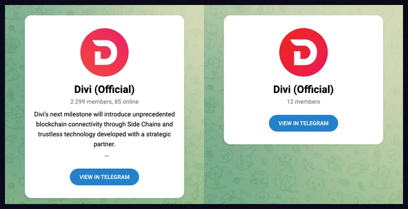 Two Telegram preview cards side by side, both titled Divi (Official) with the same red D logo; the left has 2,299 members, the right has 12