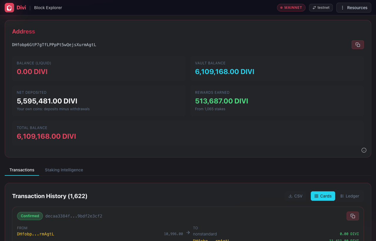 The address page showing the liquid balance, vault balance, net deposited, rewards earned and total balance cards, with the Transactions and Staking Intelligence tabs below.