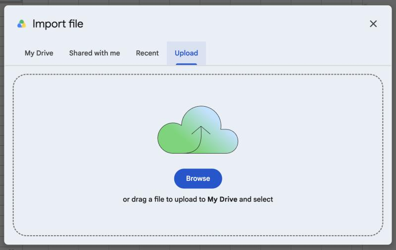 The Google Sheets Import file dialog on the Upload tab, with a Browse button to pick the CSV.