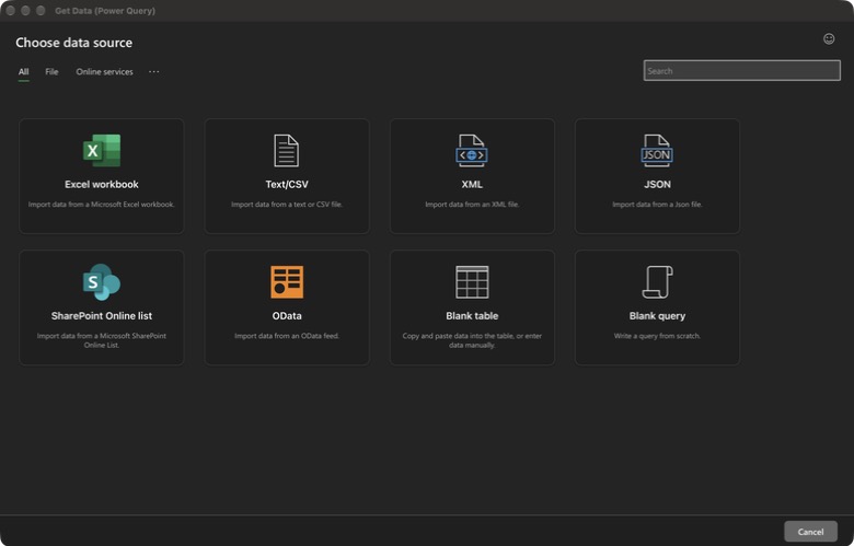 The Excel for Mac Get Data (Power Query) window. The data sources are Excel workbook, Text/CSV, XML, JSON, SharePoint Online list, OData, Blank table and Blank query. There is no web source.